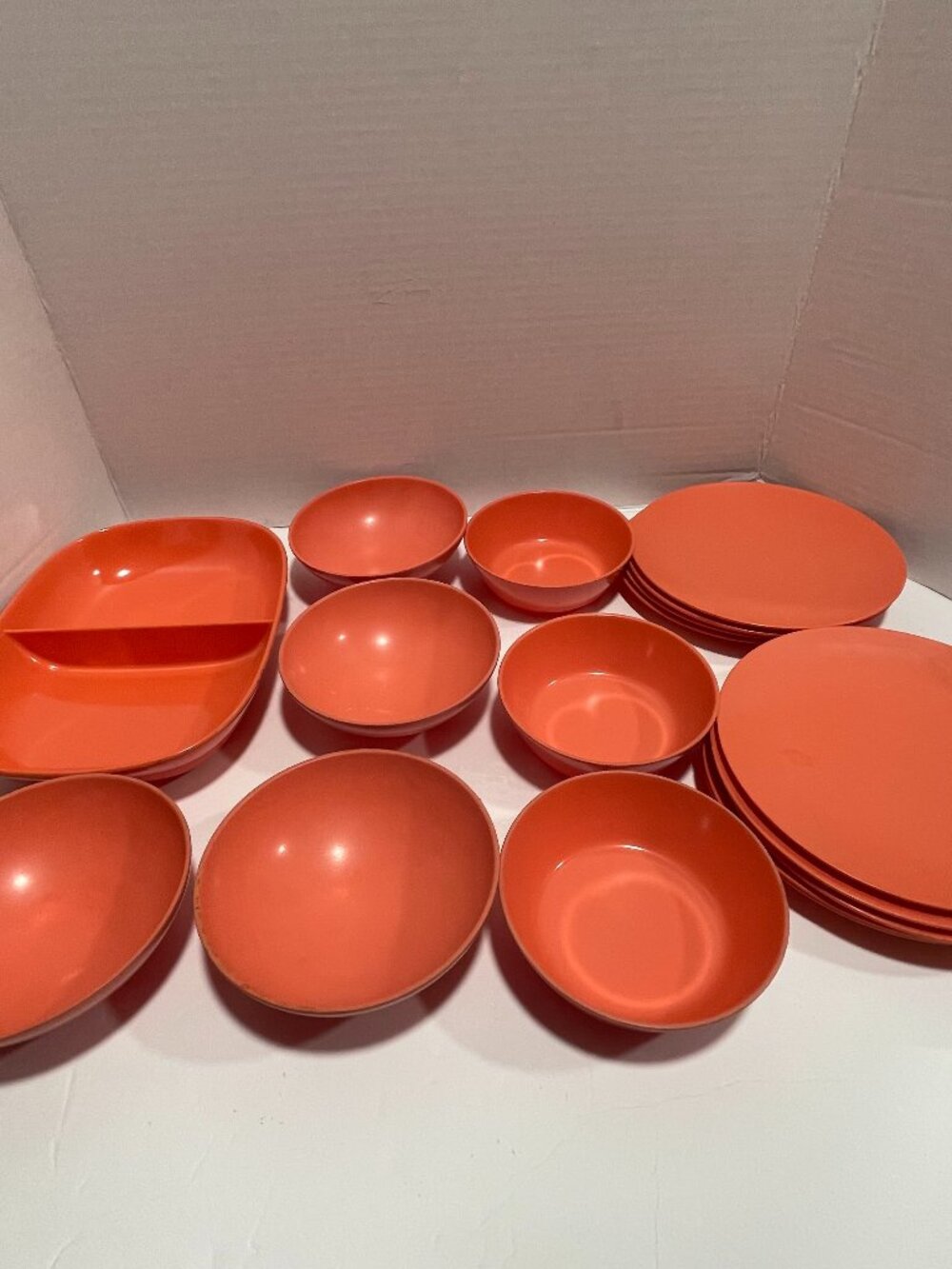 VTG Texas Ware Orange Melamine Set: 1 Dividing Dish, 9 Plates 7 Bowls 2 Diff. Sz
